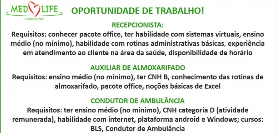 Medlife anuncia oportunidades de emprego!
