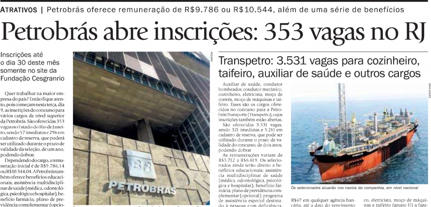 Petrobrás informa: inscrições no RJ para 353 vagas!